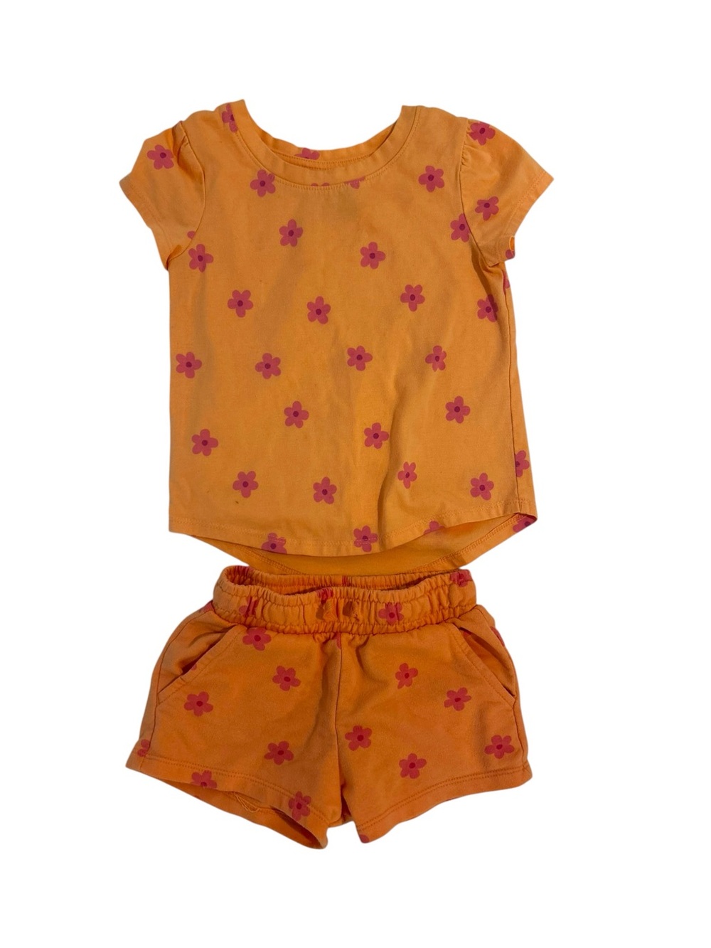 Cat & Jack Girls Orange Pink Daisy Flower Tee & Shorts Set Summer Play Girls 4T